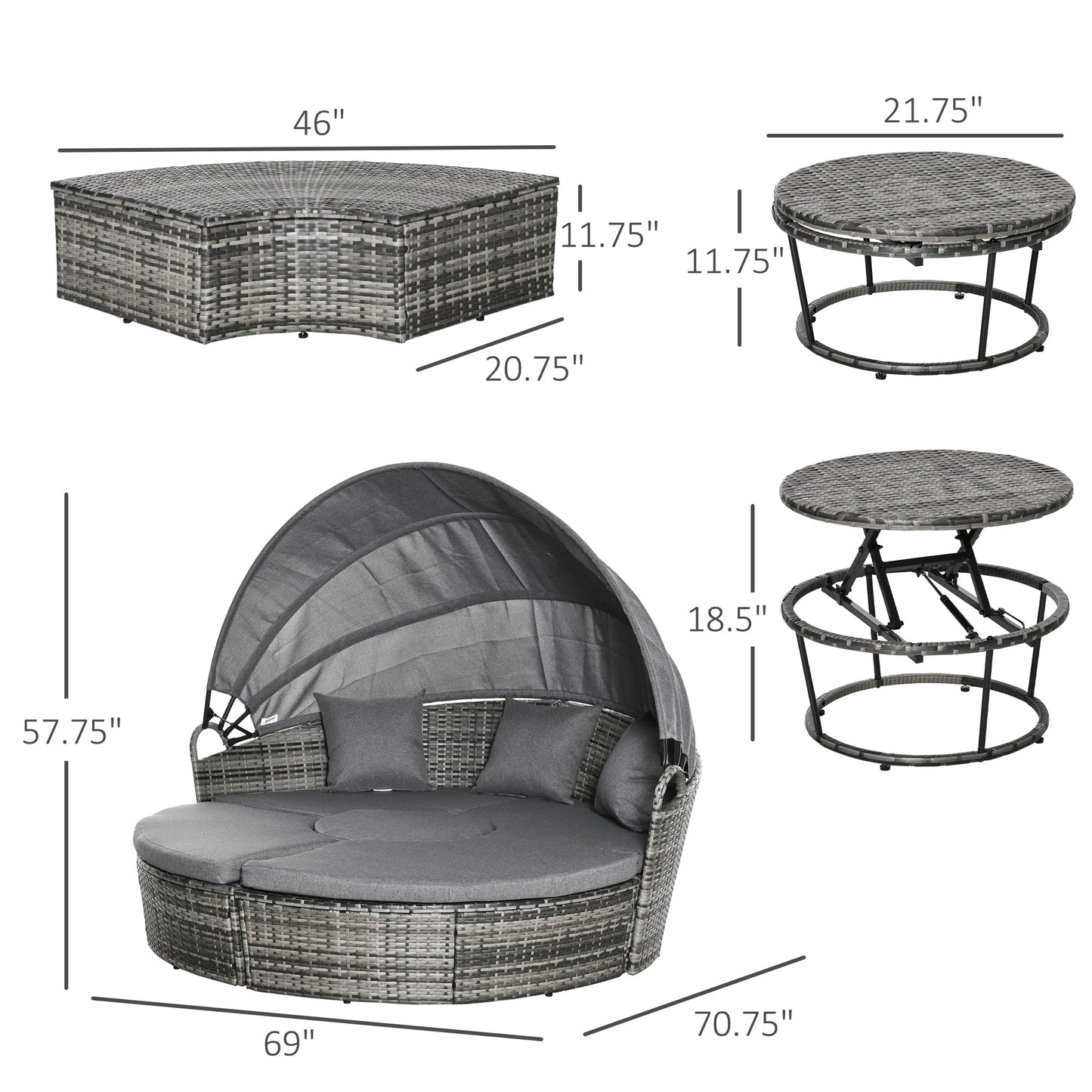 Outsunny Round Outdoor Daybed with Canopy, 4-Piece Sectional Outdoor Sofa, 3 Chairs, Tea Table, Gray - 862-047