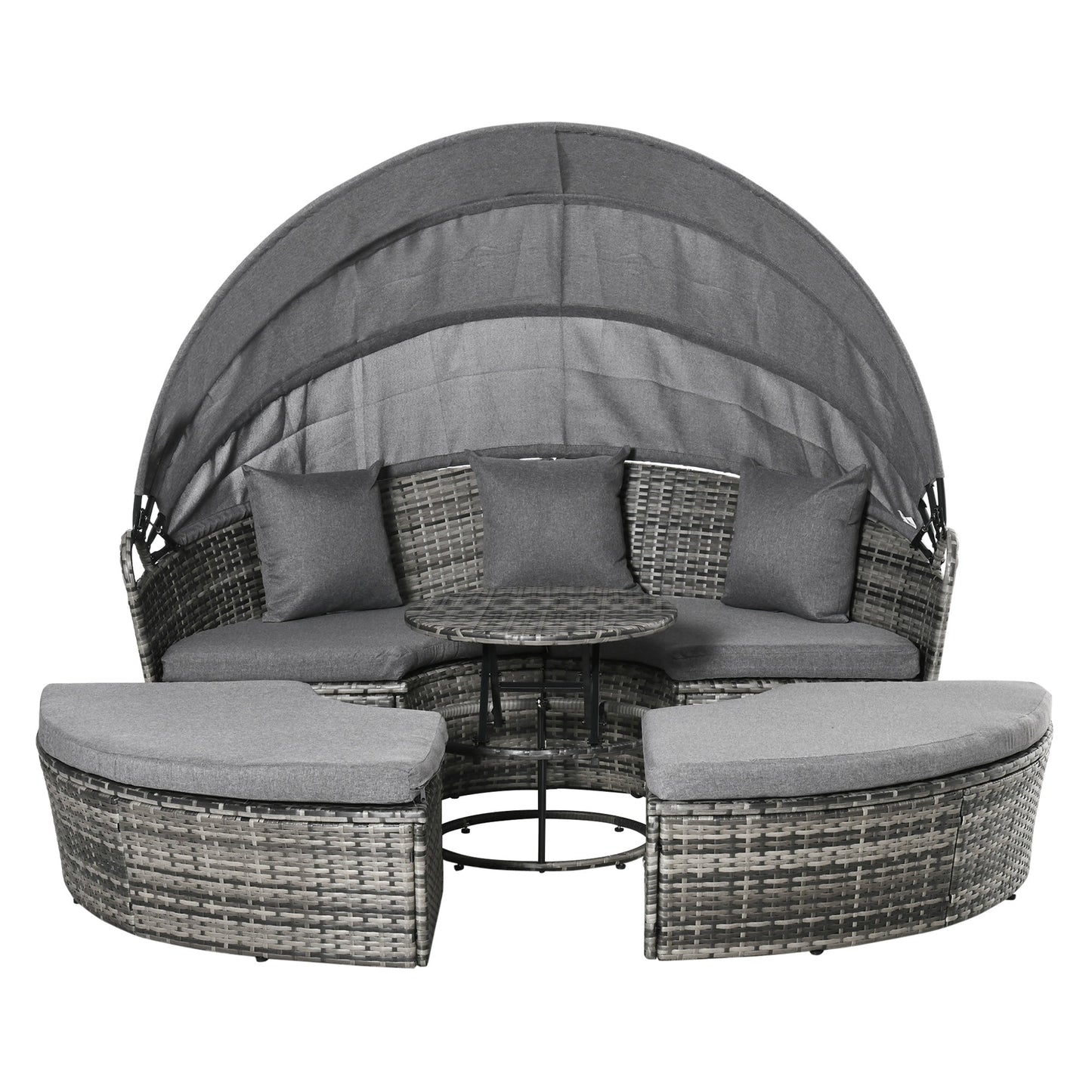 Outsunny Round Outdoor Daybed with Canopy, 4-Piece Sectional Outdoor Sofa, 3 Chairs, Tea Table, Gray - 862-047