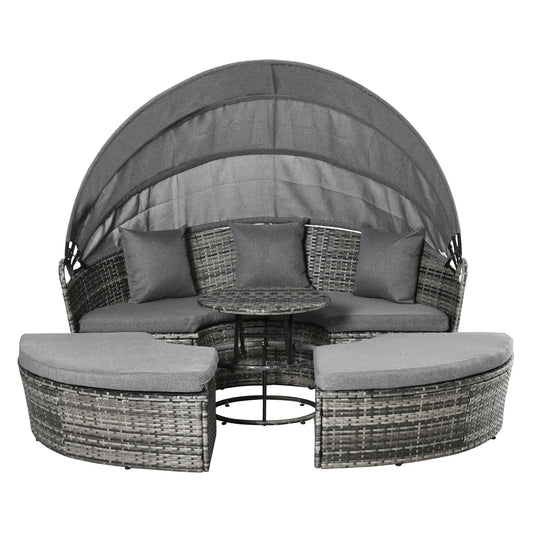 Outsunny Round Outdoor Daybed with Canopy, 4-Piece Sectional Outdoor Sofa, 3 Chairs, Tea Table, Gray - 862-047