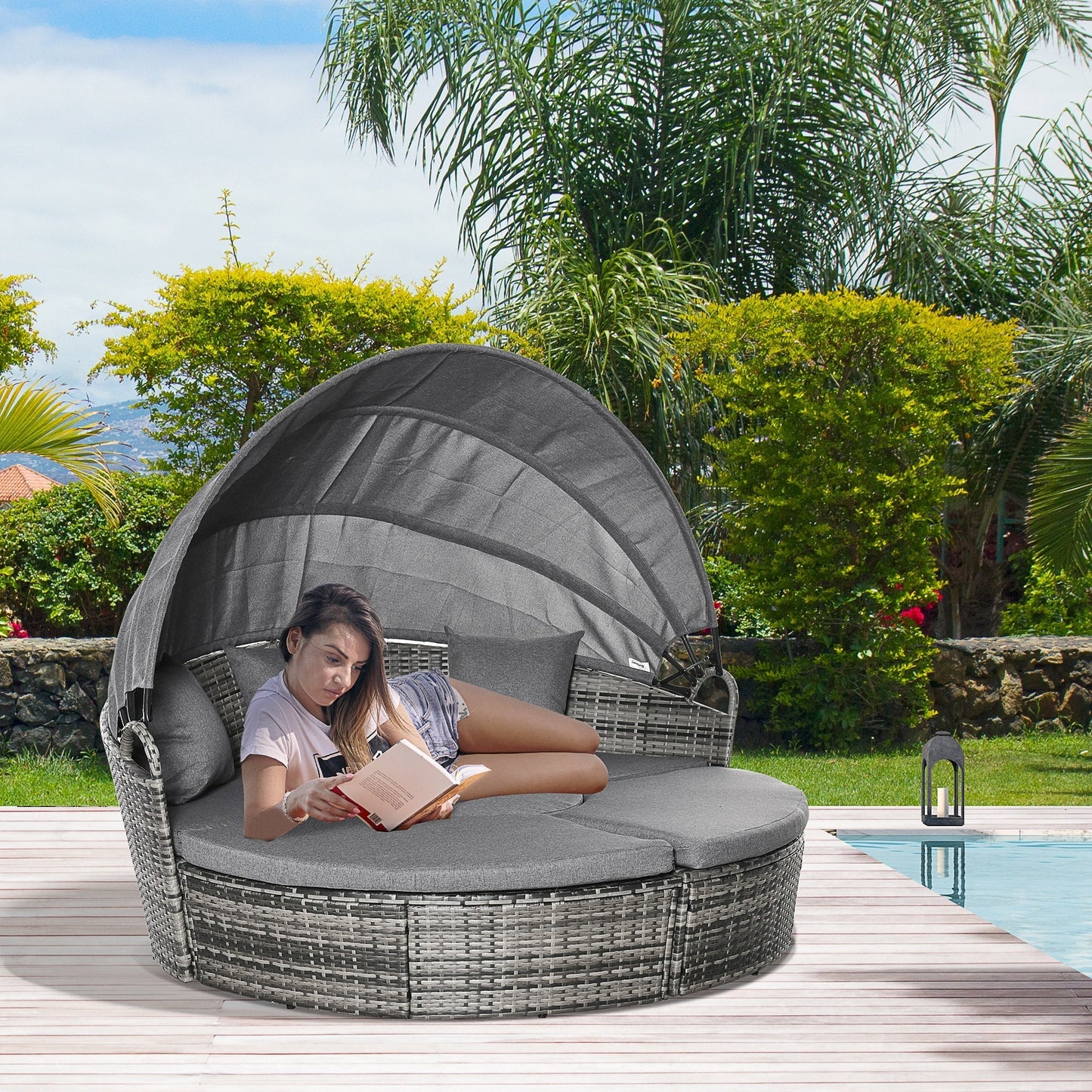 Outsunny Round Outdoor Daybed with Canopy, 4-Piece Sectional Outdoor Sofa, 3 Chairs, Tea Table, Gray - 862-047