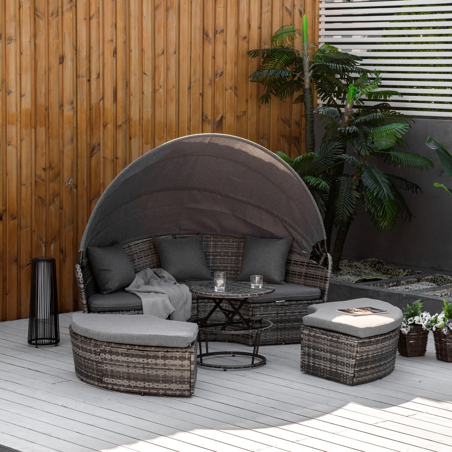 Outsunny Round Outdoor Daybed with Canopy, 4-Piece Sectional Outdoor Sofa, 3 Chairs, Tea Table, Gray - 862-047
