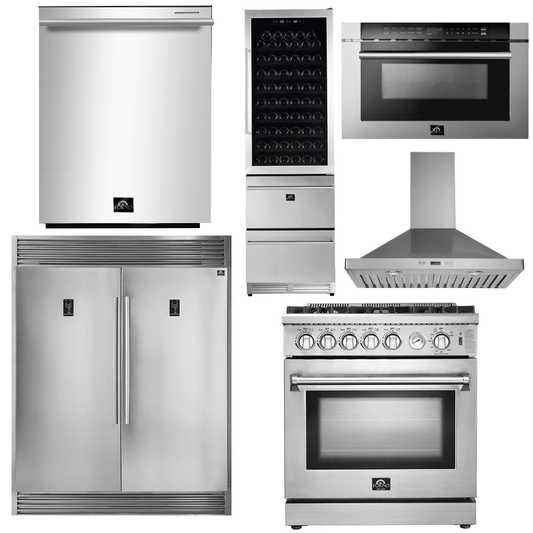 Forno Appliance Package - 30 Inch Gas Range, Range Hood, Refrigerator, Microwave Drawer, Dishwasher, Wine Cooler, AP-FFSGS6275-30-W-9