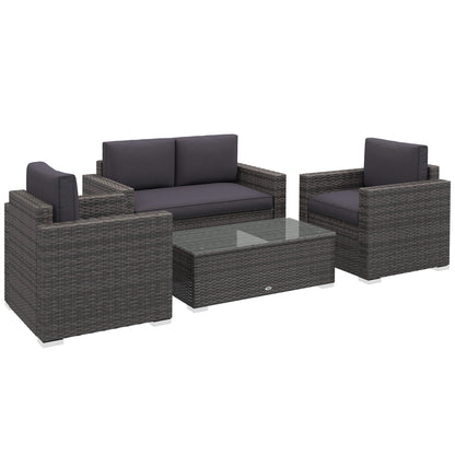 Outsunny 4-Piece Rattan Wicker Sofa Set with Loveseat and Glass Coffee Table for Outdoor Gray - 841-086V02GY