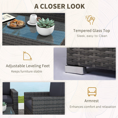 Outsunny 4-Piece Rattan Wicker Sofa Set with Loveseat and Glass Coffee Table for Outdoor Gray - 841-086V02GY