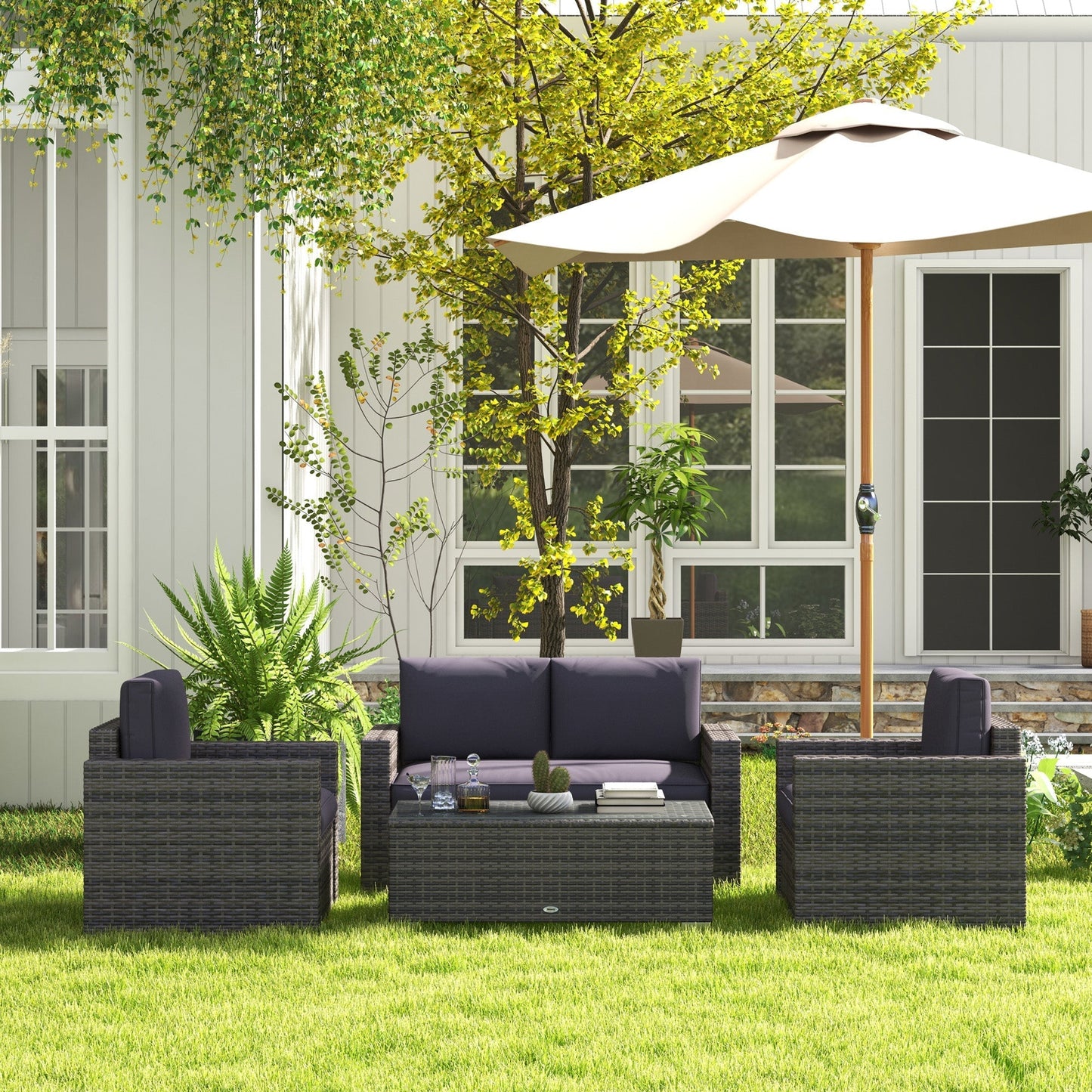 Outsunny 4-Piece Rattan Wicker Sofa Set with Loveseat and Glass Coffee Table for Outdoor Gray - 841-086V02GY