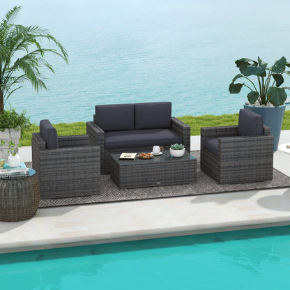 Outsunny 4-Piece Rattan Wicker Sofa Set with Loveseat and Glass Coffee Table for Outdoor Gray - 841-086V02GY